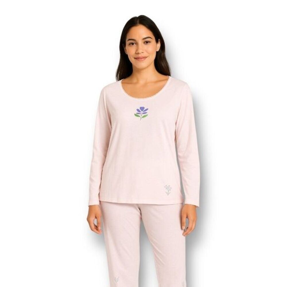 Charter Club Intimates L Pink Floral Beaded Cotton Long‎ Sleeve Pajama Sleep Top